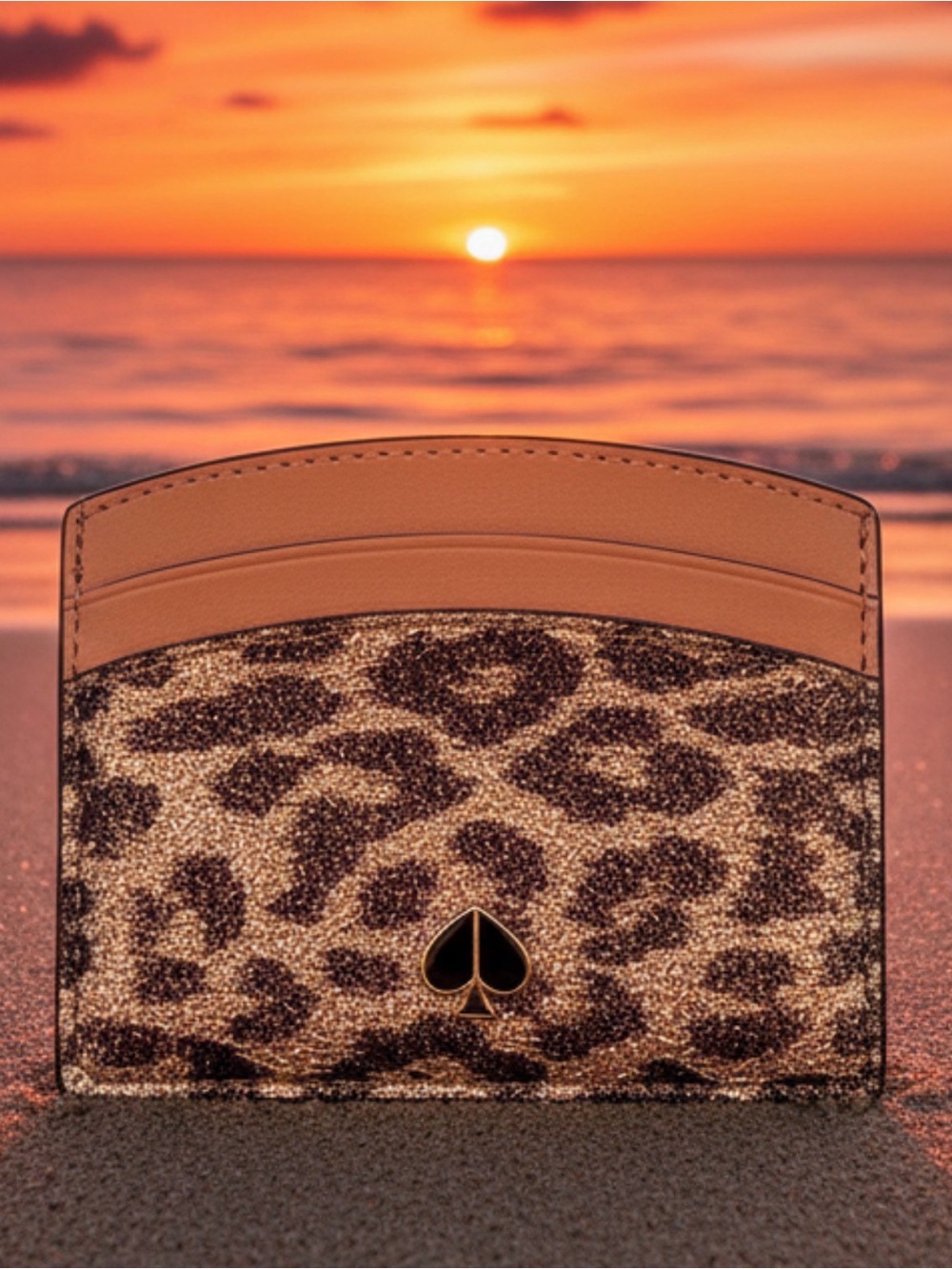 kate spade Leopard Glitter Card Holder in Tan and Brown with Gold Spade Emblem